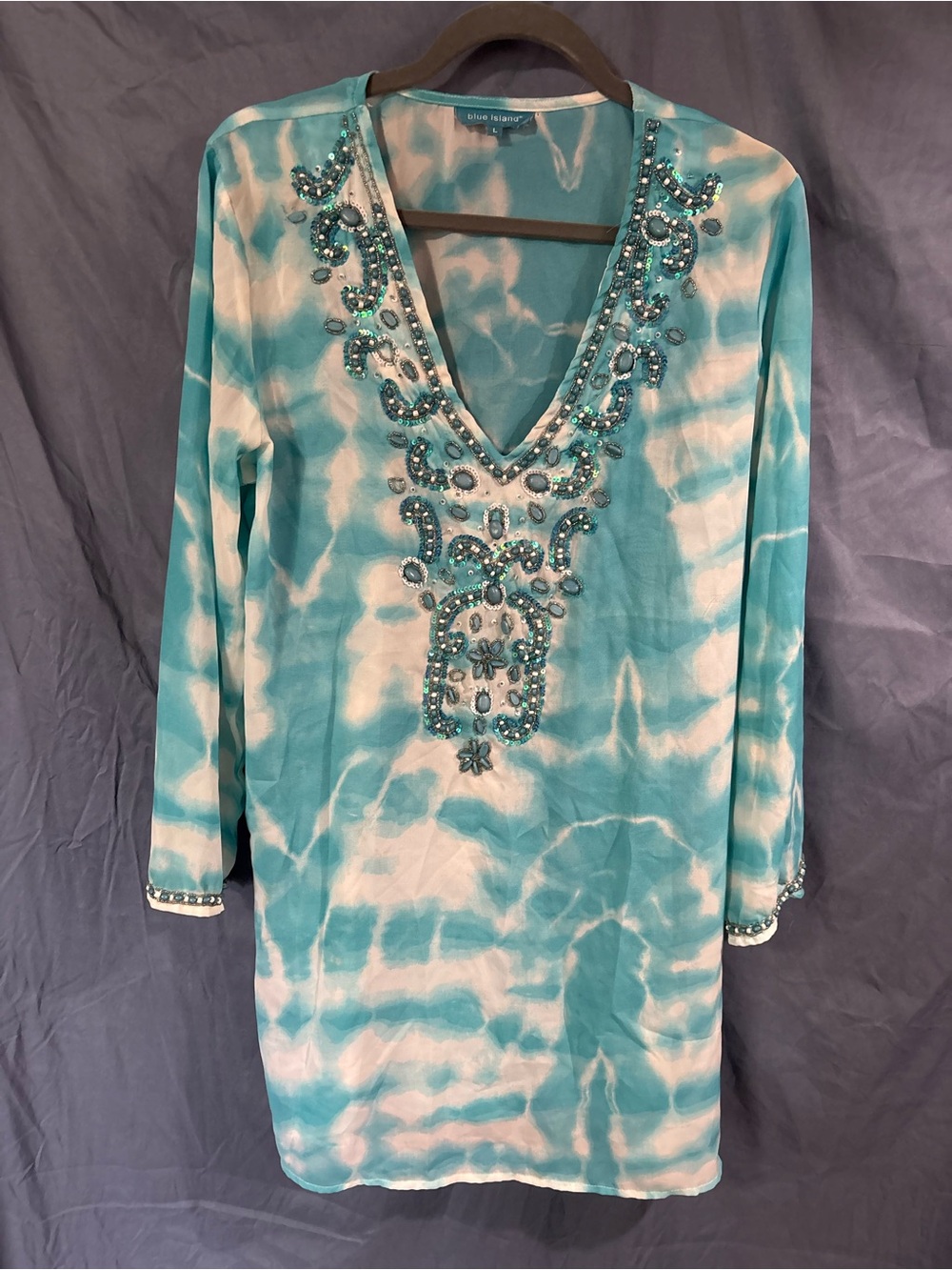 blue island Turquoise & White Beaded V-Neck Tunic
